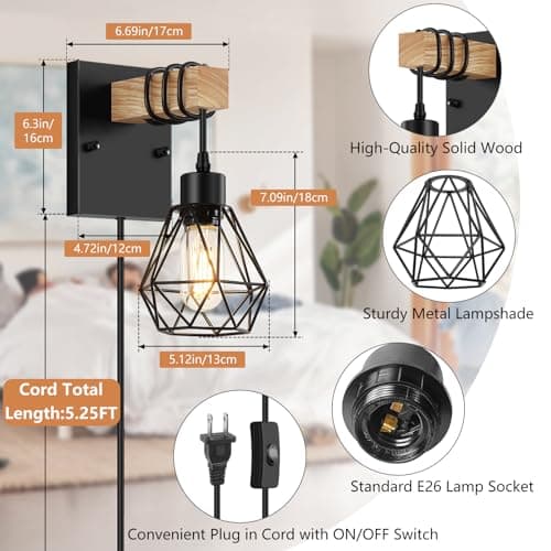 Plug in Wall Sconces Set of Two, Vintage Wood Wall Lamps with Plug in Cord, Farmhouse Wall Light Fixture with 5.25FT On/Off Switch Cord, Indoor Wall Lamp for Bedroom Living Room