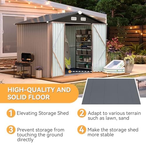 Aoxun 8x6 Shed with Floor Galvanized Steel Outdoor Storage Shed Metal Garden Shed with Double Doors, 15mm Moisture-Proof Floor & Ventilation, Sloped Roof for Bike/Generator/Tool Storage (Brown)