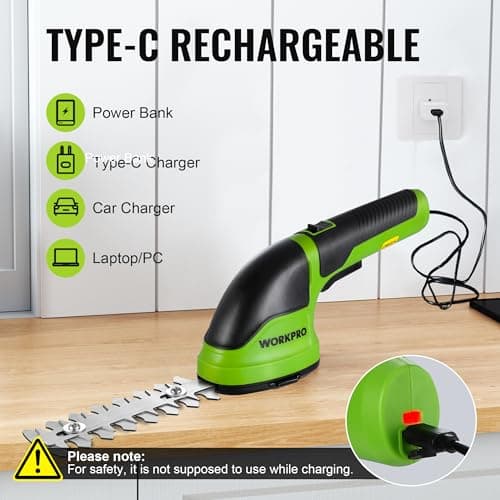 WORKPRO Cordless Grass Shear & Shrubbery Trimmer - 2 in 1 Handheld Hedge Trimmer Electric Grass Trimmer Hedge Shears/Grass Cutter Rechargeable Lithium-Ion Battery and Type-C Cable Included (Green)