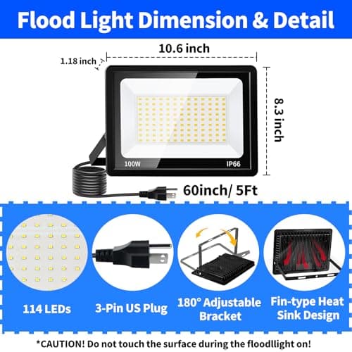 2 Pack 100W Led Flood Lights Outdoor, 12000LM Super Bright Floodlight Backyard Security Lights with 5FT Plug, IP66 Waterproof Work Light, 5000K Daylight White Flood Outdoor Lights for House, Patio