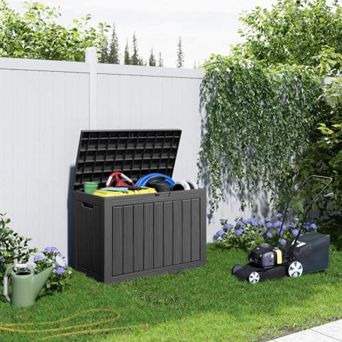 45 Gallon Resin Deck Box, Lockable Patio Outdoor Storage Box for Furniture, Garden Tools and Tools Storage, Waterproof Outside Storage Boxes - Black