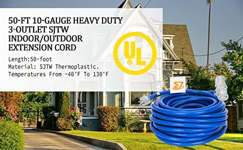 50ft 10-Gauge Heavy Duty 3-Outlet Indoor/Outdoor Extension Cord,Grounded 15-Amp Three-Prong Power-Cord with The End Light Up