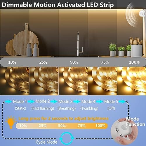 HOUHUI Motion Sensor Light Indoor Under Bed Lights, 16.4Ft Dimmable Motion Activated LED Strip Lights for Bedroom, Warm White USB Under Cabinet Lights Motion Sensor LED Strip for Kitchen Stair Closet