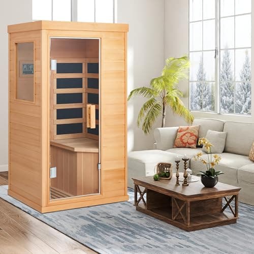1 Person Infrared Sauna, Full Spectrum Mini Sauna for Home, Indoor Dry Sauna with 4 Heater Panels, Bluetooth Speaker, Tempered Glass Door, Compact and Easy to Use, 110V