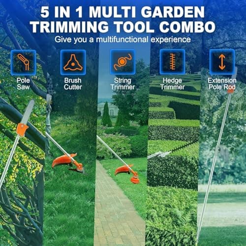 52cc 2-Stroke 5 in 1 Garden Hedge Trimmer Combo, Gas Powered Long Reach Pole Saw Grass String Trimmer Brush Tree Cutter Pruner Weed Eater Multi Functional Garden Trimming Tools with Extension Pole Red