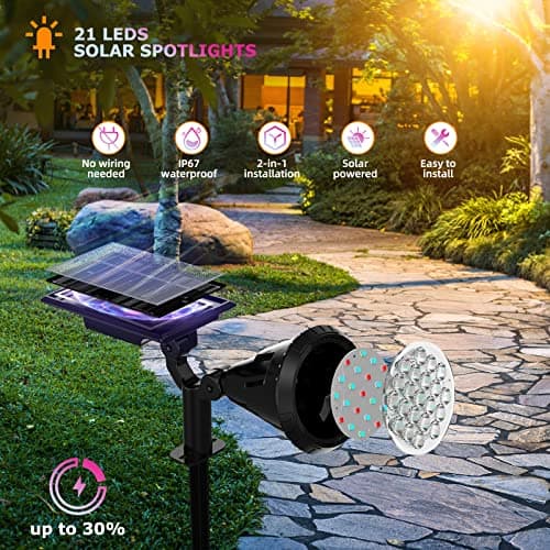 Solar Color Spot Lights Outdoor,21 LEDs Color Changing Solar Outdoor Lights,IP67 Waterproof RGB Multicolor Yard Solar Spotlights Auto On/Off for Pathway Garden Pool Patio Tree,2 Pack