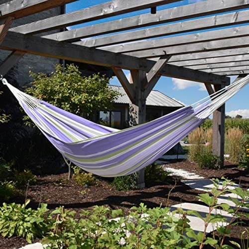 Vivere Brazilian Style Double Cotton Hammock with Polyester End Strings, 450 lb Weight Capacity (Tranquility)