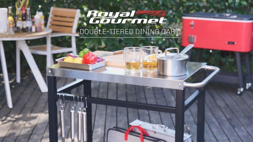 Royal Gourmet Dining Cart Table with Double-Shelf, Movable Stainless Steel Flattop Grill Cart, Hooks, Side Handle, Multifunctional PC3401B (Black)