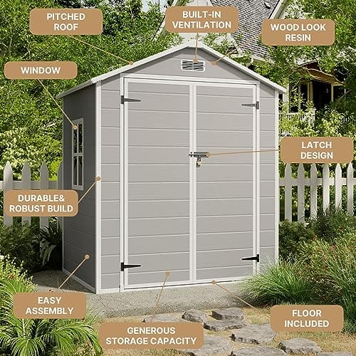 Gizoon 6x4.4 FT Resin Outdoor Storage Shed, Heavy-Duty Weather-Resistant Plastic Garden Shed with Floor for Patio Furniture, Gardening Tools, Lawn Equipment, Lockable Door, Easy Assembly, Grey