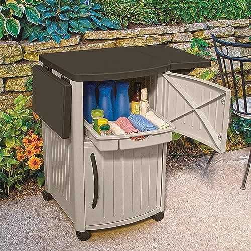 Suncast Outdoor Patio Grill Prep Station Cart with 2 Storage Cabinets, Light Taupe/Mocha