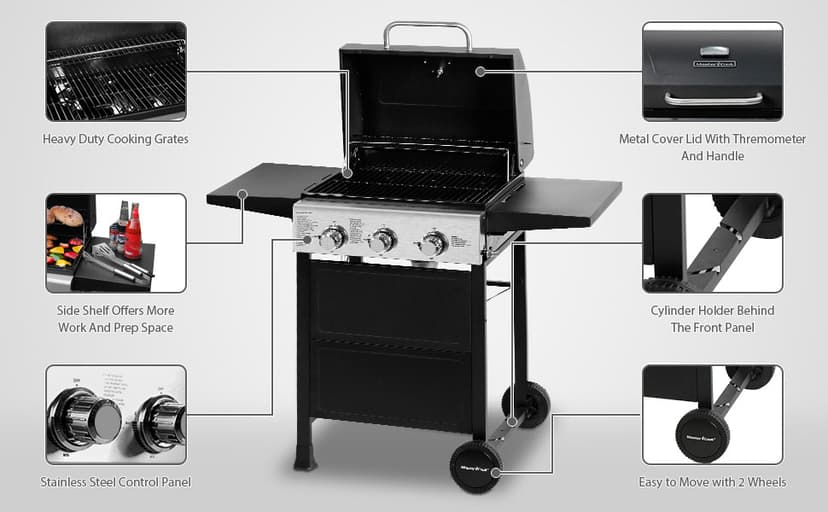 MASTER COOK 3 Burner BBQ Propane Gas Grill, Stainless Steel 30,000 BTU Patio Garden Barbecue Grill with Two Foldable Shelves