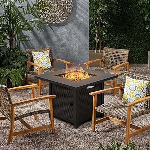 Devoko 28 inch Patio Propane Fire Pit 50,000 BTU Outdoor Gas FirePit Table with Lid and Lava Rock for Garden, Courtyard and Backyard, Black