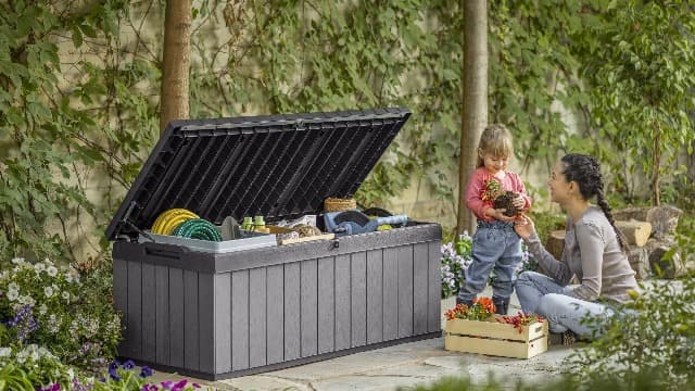 Keter Darwin 100 Gallon Resin Large Deck Box Organization and Storage for Patio Furniture, Outdoor Cushions, Garden Tools, Grey & Black