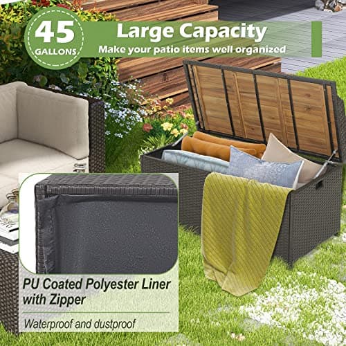 Tangkula 45 Gallon Outdoor Storage Bench, Mix Brown Rattan Storage Container with Zippered Liner, Acacia Wood Top Lid, Sturdy Gas Strut Support, 3-in-1 Multifunctional Deck Box for Front Porch, Garden