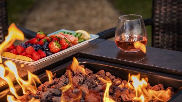 Endless Summer, The Vanderbilt, Square 28" Outdoor Propane Fire Pit with Handcrafted Ceramic Tile Mantel and Lava Rock