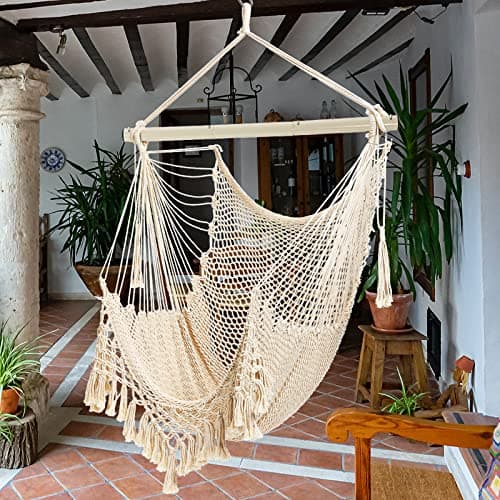 Hammock Chair，Max 330lbs, Large Hanging Chair, Soft Cotton Rope Swing Chair with High Load-Bearing Metal Rod,Indoor Outdoor Garden Yard Living Room Use Beige