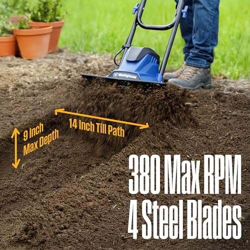 Westinghouse 14-Inch, 10 Amp Corded Electric Tiller Cultivator for Gardening, with 4 Steel Blades