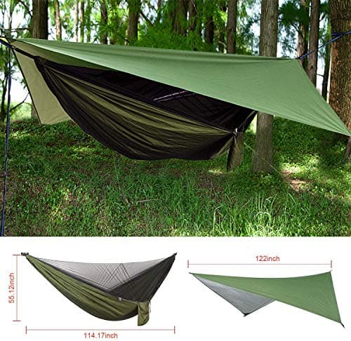 Camping Hammock with Rain Fly Tarp and Mosquito Net Portable Single Double Hammock Tent with Tree Strap Backpacking Hammock with Rain Cover for Hiking Travel Yard Activities Green