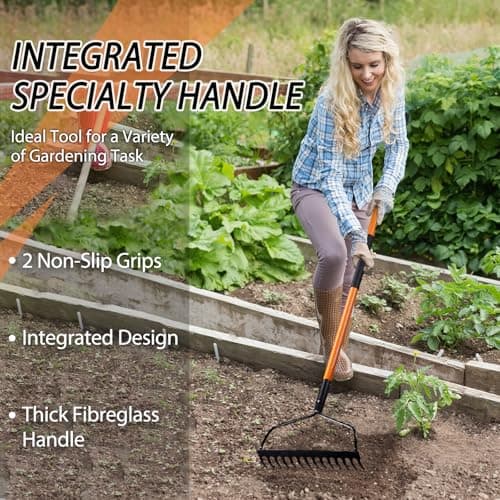 Garden Rake for Gardening, 14 Tines Garden Rake with Thick Fiberglass Handle, Heavy Duty Garden Rake for Lawns, 58 Inches