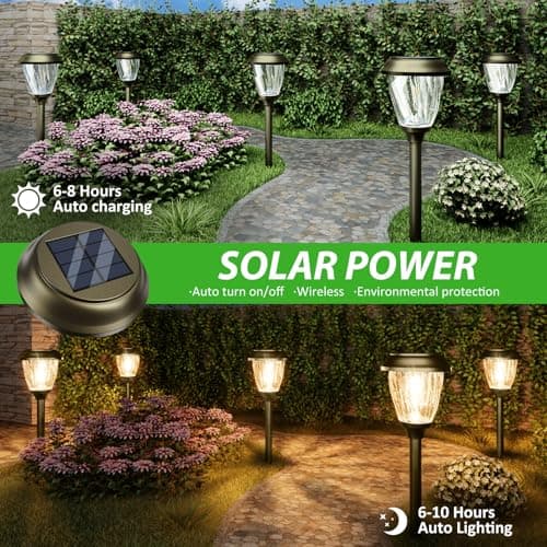 XMCOSY+ Solar Pathway Lights Outdoor, 10/25 LM in 2 Lighting Modes, Glass Stainless Steel Waterproof IP65 Solar Powered Garden LED Lights for Yard Lawn Driveway Walkway Landscape Decor(Warm White)