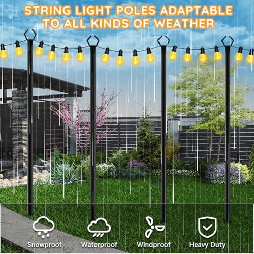 6 Pack String Light Poles, Outdoor String Light Pole 10ft Forked Metal Light Pole with Adjustable Outdoor Light Stand, Deck, Backyard, Garden, Wedding, Rustproof and Sturdy with Hooks