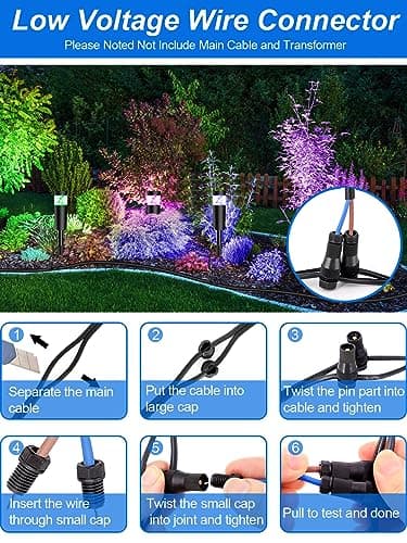 5W RGBW Low Voltage Landscape Pathway Lights with Connectors 12V Outdoor Color Changing Landscape Lighting LED Bollard Path Lights Wired Waterproof Walkway Light for Garden Yard (12 Pack)