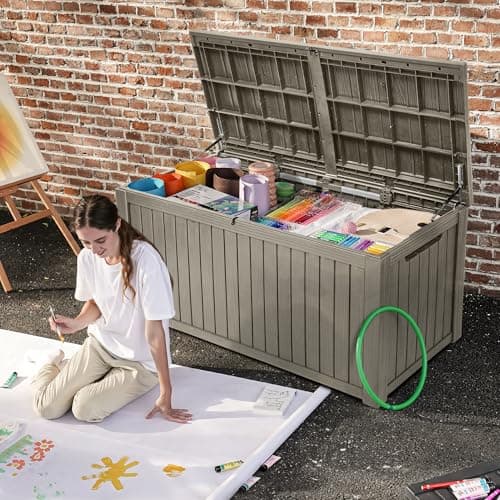 DWVO 180 Gallon Extra-Large Patio Deck Box, Waterproof Resin Outdoor Storage Box with Removable Divider for Patio, Garden, Pool, Furniture and Tools, Light Brown