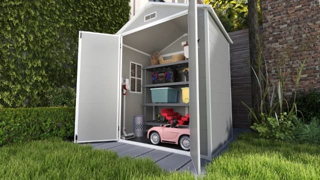 Gizoon 6x4.4 FT Resin Outdoor Storage Shed, Heavy-Duty Weather-Resistant Plastic Garden Shed with Floor for Patio Furniture, Gardening Tools, Lawn Equipment, Lockable Door, Easy Assembly, Grey
