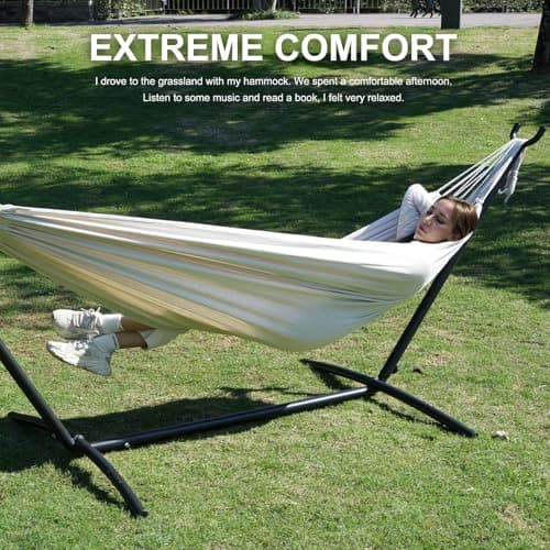Double Hammock with Stand Included 450lb Capacity Space Saving Steel Stand,Premium Carry Bag Included,Suit for Outside,Indoor,Yard,Camping(Beige).