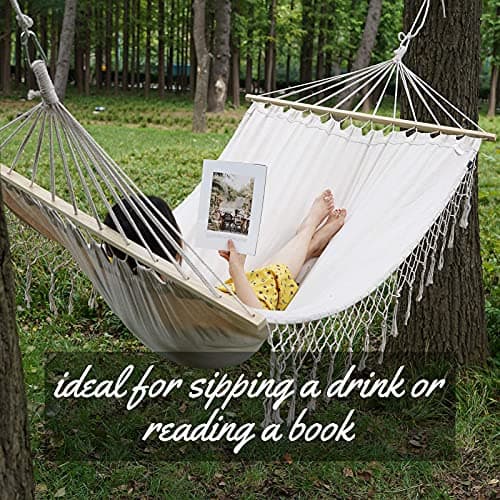 Double White Natural Canvas Handmade Hammock Beautiful Boho Style, Brazilian Deluxe Hammock Bed of Indoor Bedroom or Outdoor Tree, Patio, Porch, Yard, Beach for Camping, Hiking, Travel, Decor