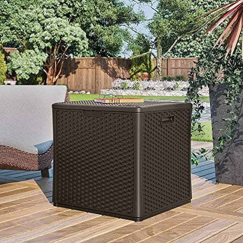 Suncast 60 Gallon Resin Outdoor Patio Storage Box, Water-Resistant Deck Storage Container, for Cushions, Garden Tools, and Outdoor Accessories, Java, Made in the USA