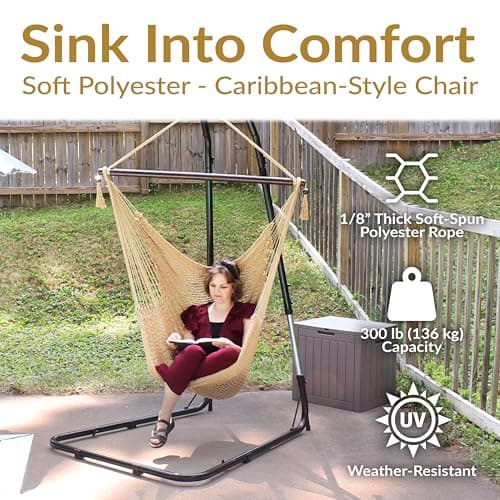 Sunnydaze Outdoor Hammock Chair Swing - Hanging Hammock Swing - Hanging Reading Chair - Soft-Spun Polyester Rope - Caribbean XL - Tan