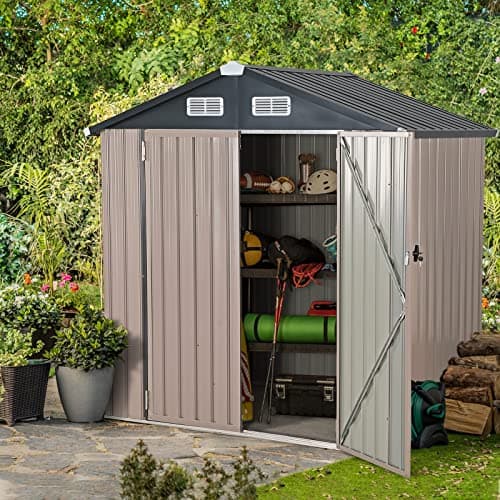 Verano Garden 6x4 FT Outdoor Storage Shed, Galvanized Metal Steel Garden Shed,Double Door W/Lock, Bike Storage for Backyard, Patio, Lawn (72.05" × 38.58"× 77.17")