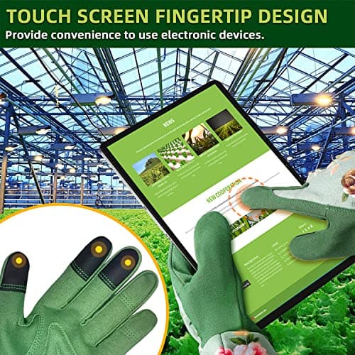 Gardening Gloves, Durable and Comfortable Women's Long Garden Gloves for Gardening Work and Yard Work, Leather Gardening Gloves for Women, Green Print (Medium)