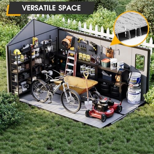 8 x 12 FT Resin Outdoor Storage Shed, All-Weather Plastic Garden Shed with Floor, Lockable Doors & Windows, Plastic Tool Shed for Poolside, Backyard, Patio