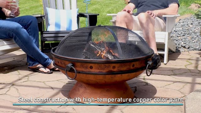 Sunnydaze 30-Inch Large Outdoor Fire Pit - Wood Burning Fire Pit for Outside with Poker and Screen - Copper Finish - Royal Cauldron