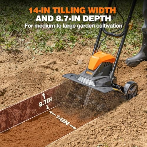 Alloyman 10-Amp Electric Tiller Cultivator, 14 Inch Tilling Width 8.7-Inch Corded Tiller with Foldable Handle, Adjustable Wheels Rototiller for Garden Lawn Yard Soil Cultivation