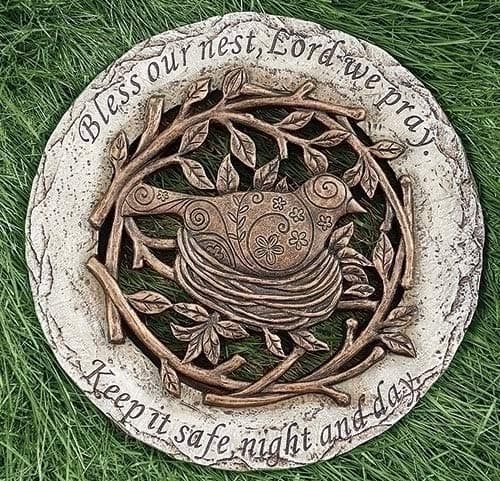 Roman Exclusive Terrace Garden Stone with a Bird in Nest and Verse, 12.2-Inch, 2-Tone Dolomite/Resin