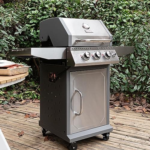 Royal Gourmet GG3001S 3 Burner Propane Gas Grill with Warming Rack, Stainless Steel Cabinet Style Gas Grill with 25,500 BTUs Output for Barbecue Grilling & Backyard Cooking, Silver