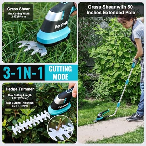 DURATECH Cordless Hedge Trimmer, 7.2V 3-in-1 Handheld Electric Grass Trimmer & Hedge Shears with 50" Wheeled Extension Pole, USB Type-C Cable and Built-in Li-ion Battery, for Garden, Yard and Lawn