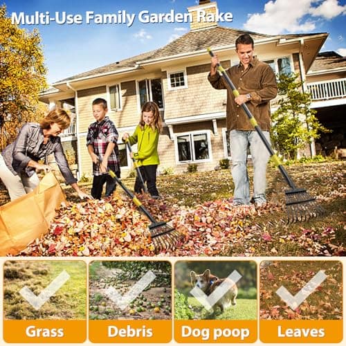Rake, Garden Leaf Rakes for Lawns Heavy Duty, Yard Metal Rake Tools with 9" Small Narrow Rake Head, 65” Adjustable Long Handle, 11 Steel Tines, Quick Clean up Rake for Shrub, Flower Bed, Camping