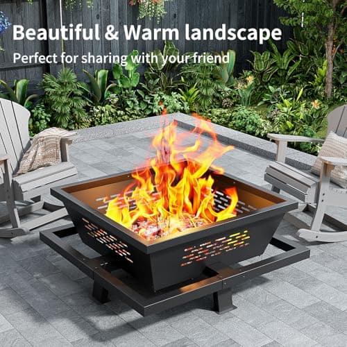 43" Large fire Pit, Square Outdoor Fire Pit with Pocker, Hight Quality Wood Burning Fire Pit for Camping, Backyard, Patio