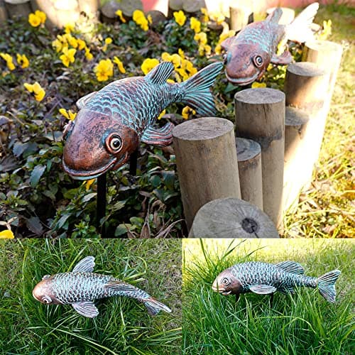 Koi Fish Decor - Set of 2 Antique Koi Fish Garden Statue for Outdoors, Patio and Backyard Decoration