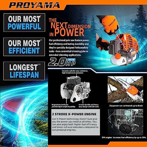 PROYAMA 90-180 Degree 42.7cc Head Adjustable Pole Chainsaw for Tree Trimming with 12 inch OREGON Cutting Bar & OREGON Chain 38-inch Extension for a 15ft Reach Gas Cordless Pole Saw