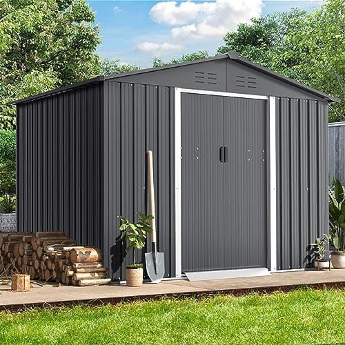 6x8 FT Outdoor Storage Shed, Metal Shed Kit with Double Doorknobs and Air Vents, Double Sloping Roof Garden Shed, Galvanized Shed with Sliding Door (Grey)