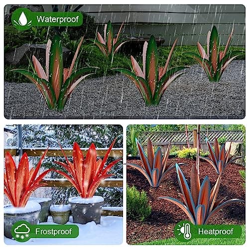 Enlarge Thickened Wind Resistant Metal Agave Garden Art Metal Plant Country Garden Sculpture Statue Outdoor Decoration Agave Metal Plant Courtyard Garden Lawn Ornament Gift (1, 12 Leaves red)