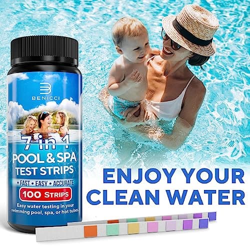 7-in-1 Accurate Pool Test Strips - 100 Hot Tub Spa Test Strips - Quick Pool Water Testing Kit - Bromine, pH, Hardness, Alkalinity, Chlorine & Cyanuric Acid - Perfect for Any Pools, Spa, Hot tubs