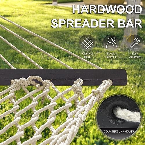 SZHLUX Double Rope Hammocks, Traditional Hand Woven Cotton Hammock with Hardwood Spreader Bar and Carrying Case for Outdoor, Indoor for Two Person, 450lb Weight Capacity