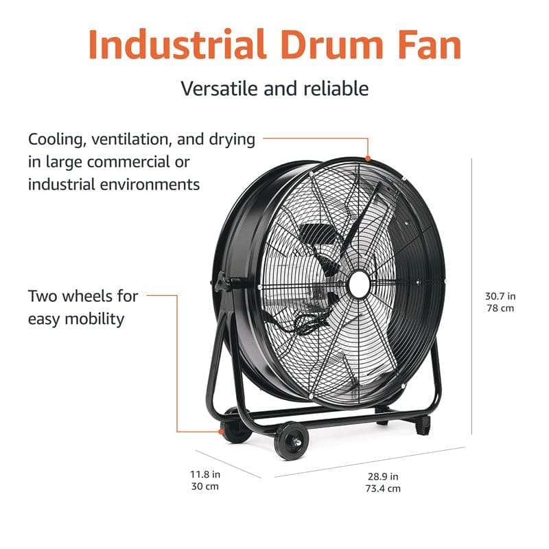 Amazon Basics 24" 215W High-Velocity, Heavy-Duty Industrial Fan, Drum Fan, with UL-Certified Safety Compliance, 2 Speeds, Up to 8820 CFM, 5.9-ft Power Cord, 2 Wheels, Metal Housing/Blades, Black