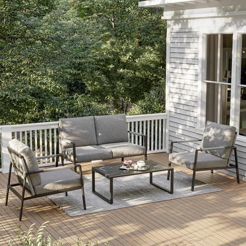 EAST OAK 4-Piece Patio Conversation Set, Waterproof Outdoor Furniture Set with Thick Cushion, Patio Furniture Set for 4, Woven Armrests Sofa and Coffee Table for Garden, Misty Grey